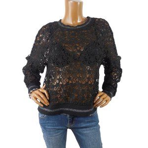 ZARA Top M Black Embroidery Cropped Top Relaxed Fit Silver Metallic Long Sleeve